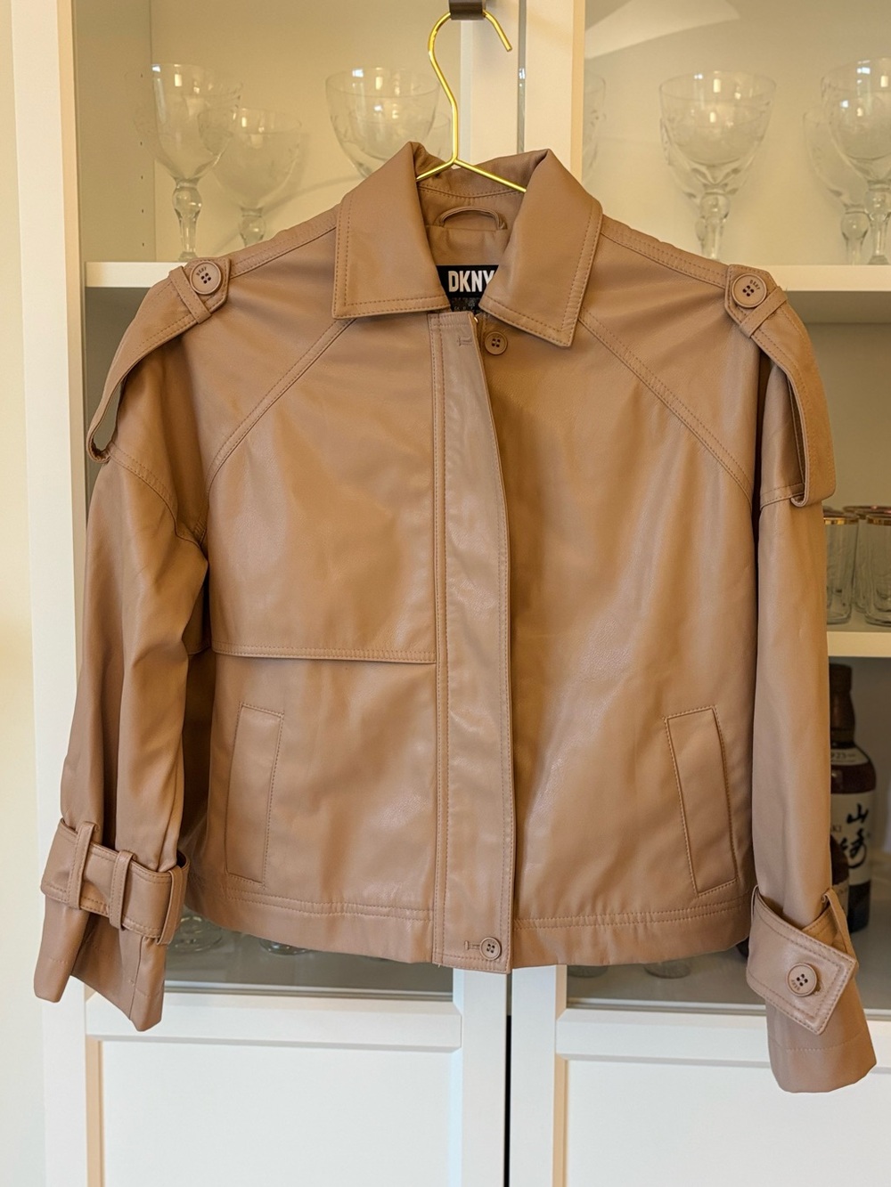 DKNY Faux Leather Moto Jacket Blush Beige Cropped Utility Style XS